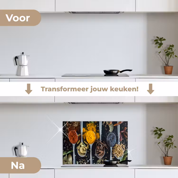 Mozaïek van Kruiden en Specerijen keuken achterwand spatscherm klein -voor_na_NL