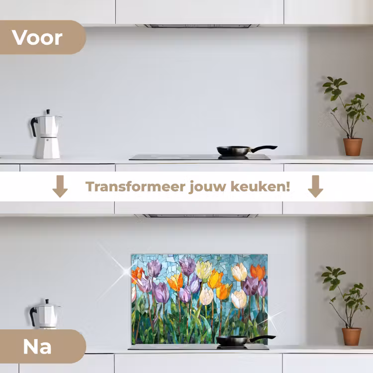 Mozaïek - Veld - Tulpen - Kleurrijk keuken achterwand spatscherm klein -voor_na_NL