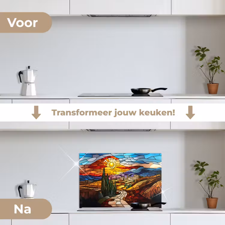 Mozaïek - Zon - Landschap - Dorp keuken achterwand spatscherm klein -voor_na_NL