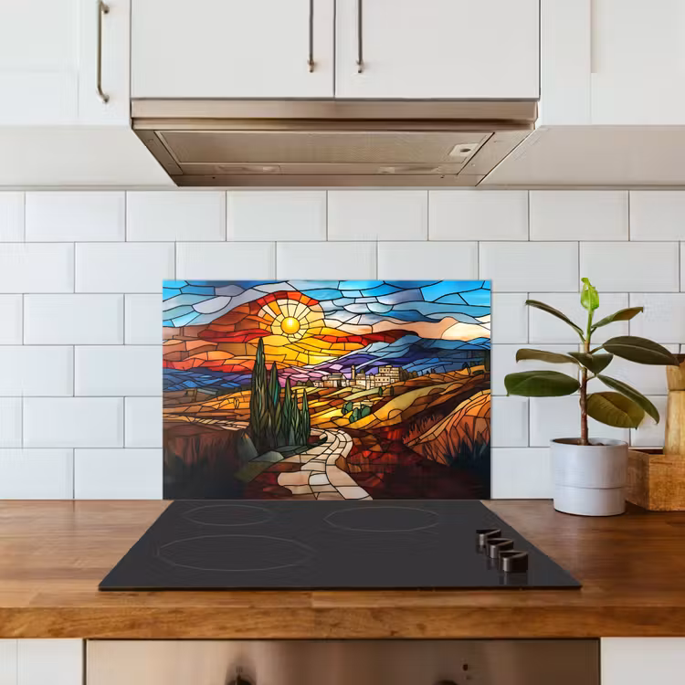 Mozaïek - Zon - Landschap - Dorp keuken achterwand spatscherm klein -sfeer2