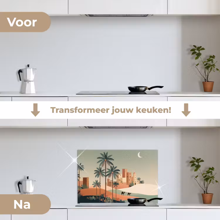 Nachtlandschap - Kamelen - Sterren - zandduinden keuken achterwand spatscherm klein -voor_na_NL