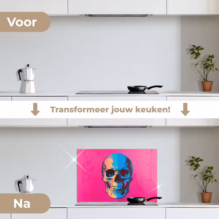 Neon - Blauw - Pop-art - Schedel keuken achterwand spatscherm klein -voor_na_NL