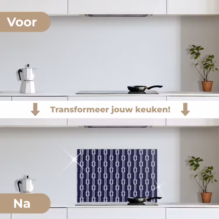 Oceaan - Touw - Blauw - Wit keuken achterwand spatscherm klein 900 -voor_na_NL