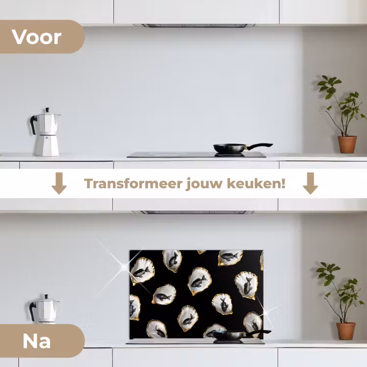 Oesters - Zwart - Vissen - Goud keuken achterwand spatscherm klein -voor_na_NL