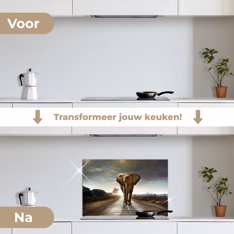 Olifant - Weg - Dieren - Zonsondergang - Landschap keuken achterwand spatscherm klein -voor_na_NL