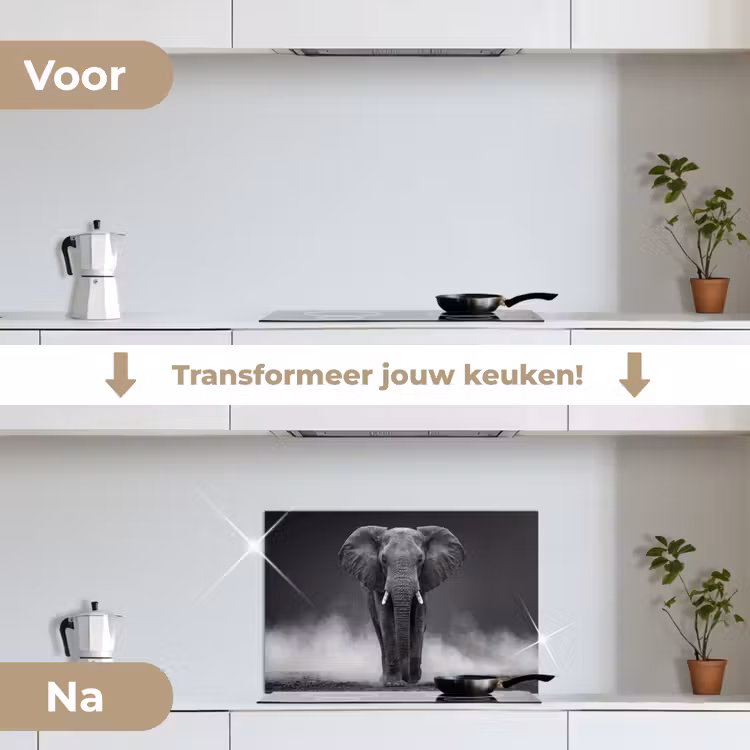 Olifant - Zwart - Wit - Rook keuken achterwand spatscherm klein -voor_na_NL
