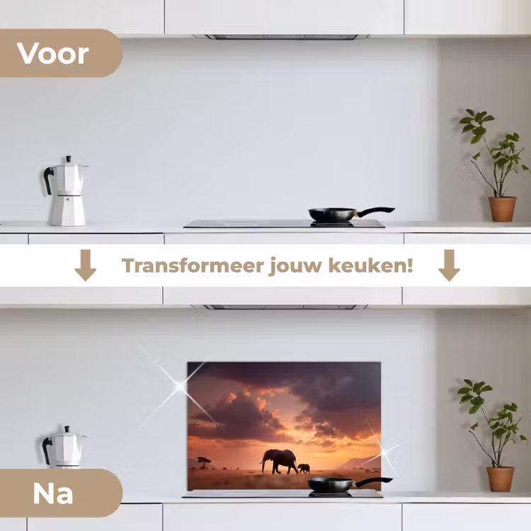 Olifanten - Grasland - Zonsondergang keuken achterwand spatscherm klein -voor_na_NL