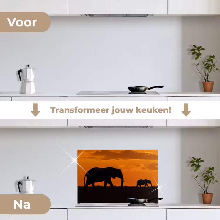 Olifanten - Savanne - Zonsondergang keuken achterwand spatscherm klein -voor_na_NL