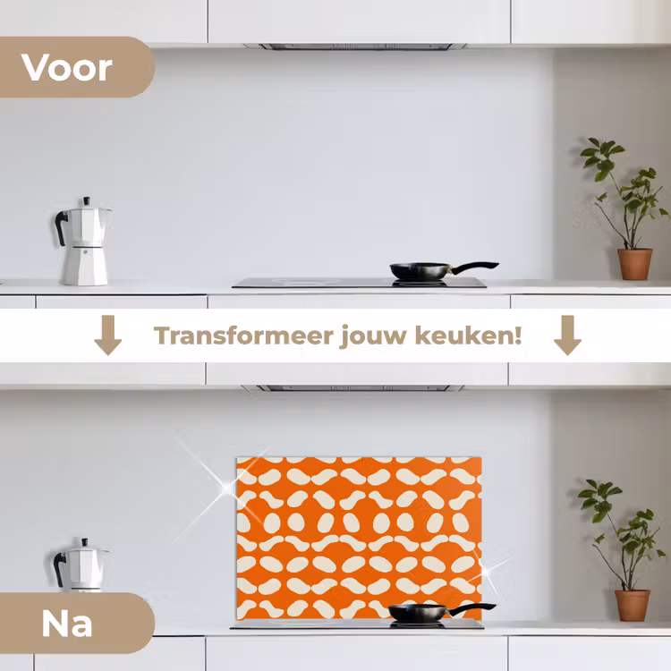 Oranje - Organische vormen - Wit keuken achterwand spatscherm klein 900 -voor_na_NL