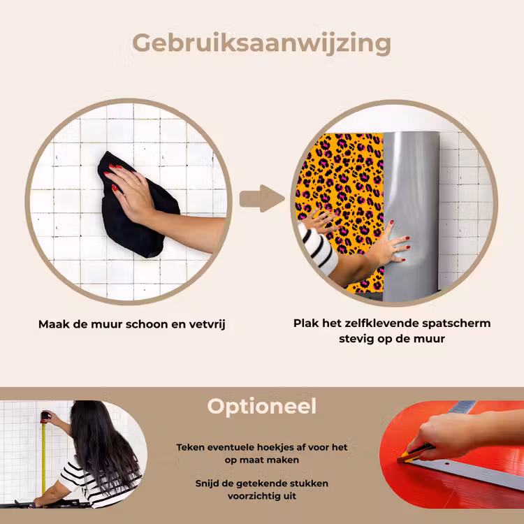 Oranje - Roze - Panterprint keuken achterwand spatscherm klein 900 -gebruiksaanwijzing_NL
