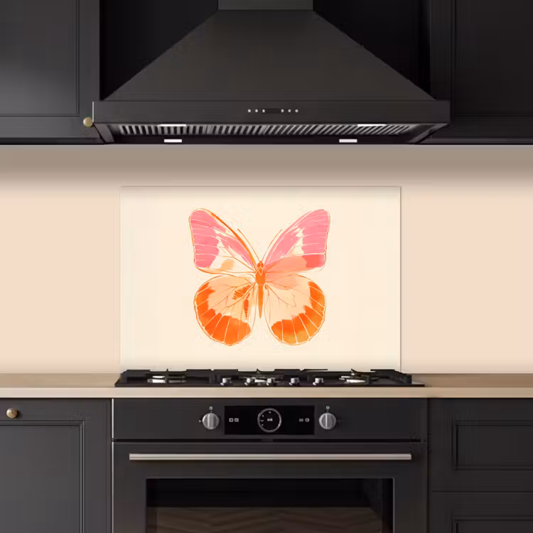 Oranje - Vlinder - Minimalistisch keuken achterwand spatscherm klein -sfeer1