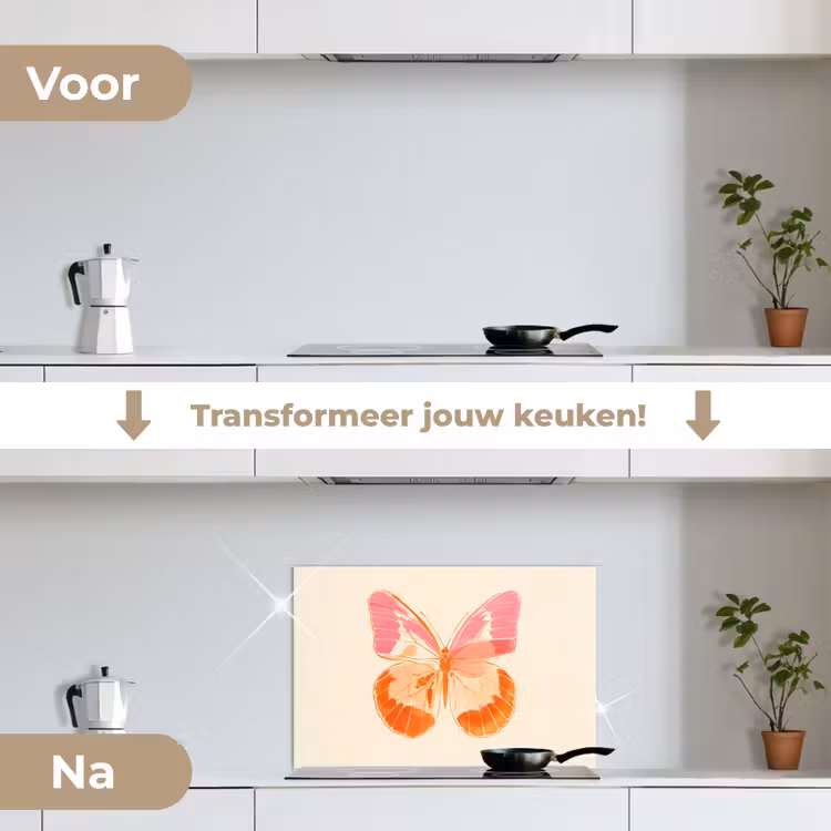 Oranje - Vlinder - Minimalistisch keuken achterwand spatscherm klein -voor_na_NL