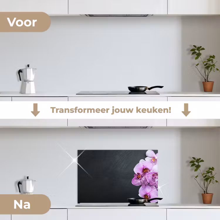 Orchidee - Bloemen - Roze - Flora keuken achterwand spatscherm klein -voor_na_NL