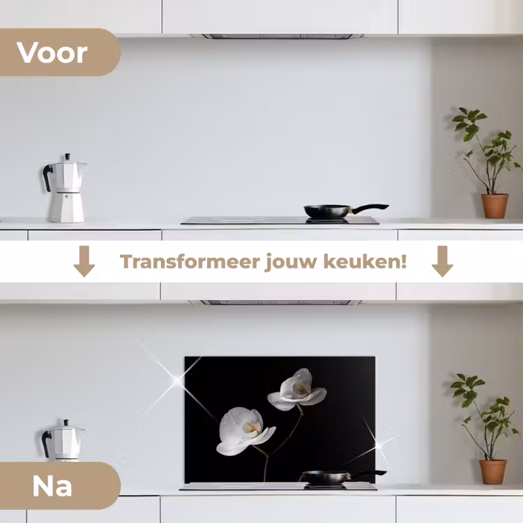 Orchidee - Bloemen - Zwart - Wit - Stilleven keuken achterwand spatscherm klein -voor_na_NL