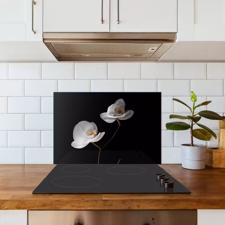 Orchidee - Bloemen - Zwart - Wit - Stilleven keuken achterwand spatscherm klein -sfeer2