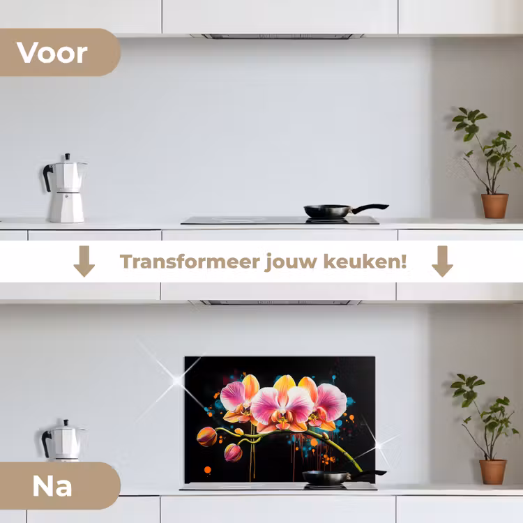 Orchidee - Graffiti - Kleurrijk - Bloemen - Abstract keuken achterwand spatscherm klein -voor_na_NL