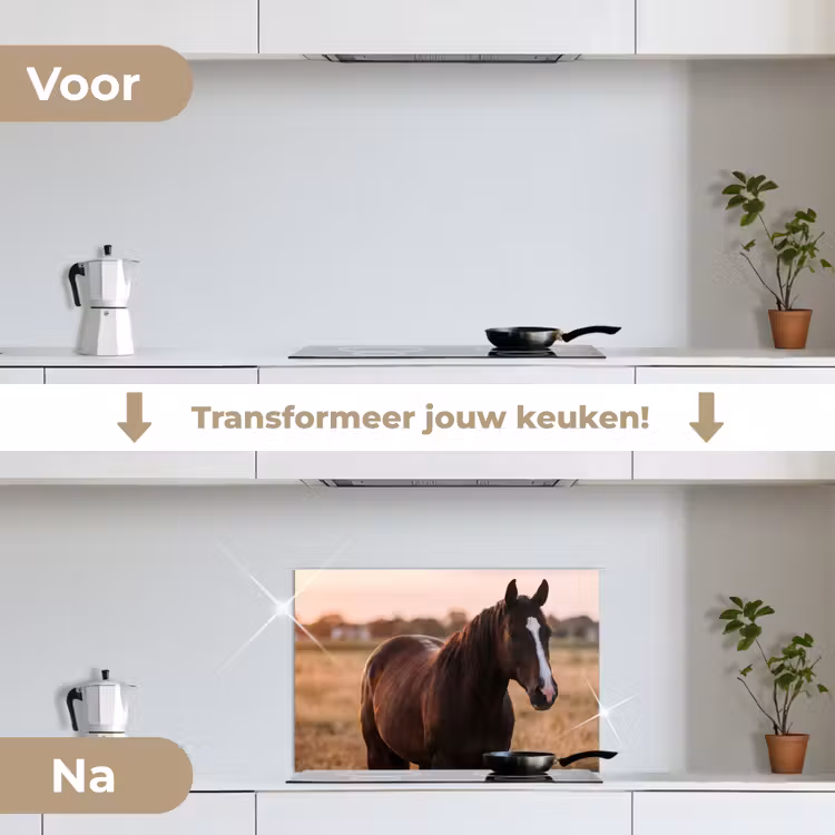 Paard - Zonsondergang - Bruin keuken achterwand spatscherm klein -voor_na_NL