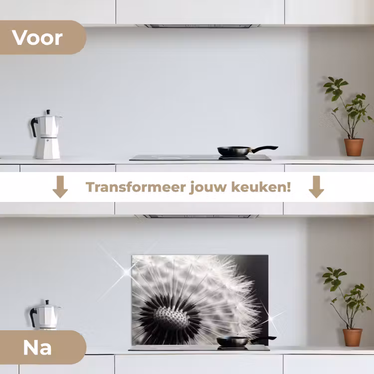Paardenbloem - Zwart - Wit keuken achterwand spatscherm klein -voor_na_NL