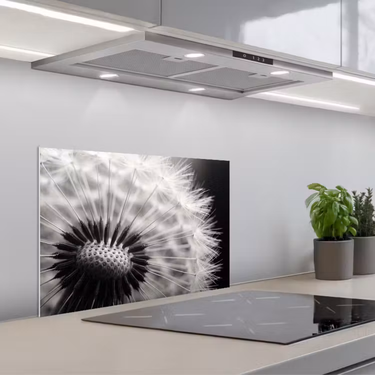 Paardenbloem - Zwart - Wit keuken achterwand spatscherm klein -3d_schuin