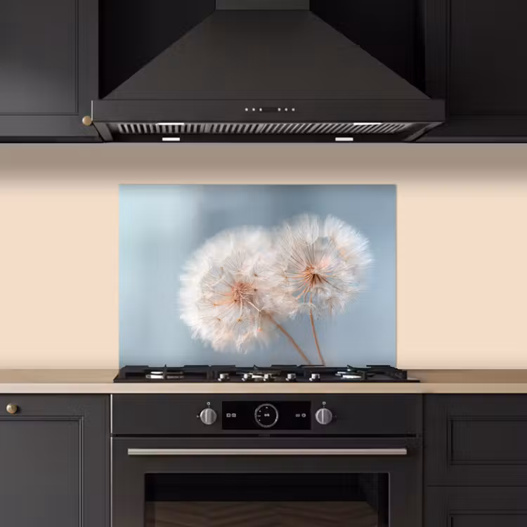 Paardenbloemen - Pluisjes - Wit keuken achterwand spatscherm klein -sfeer1