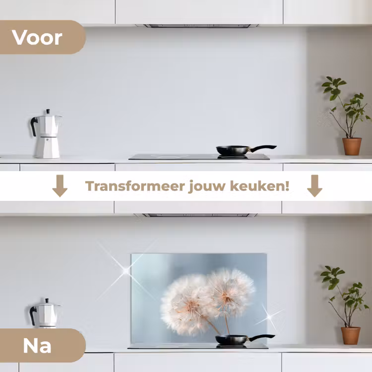 Paardenbloemen - Pluisjes - Wit keuken achterwand spatscherm klein -voor_na_NL