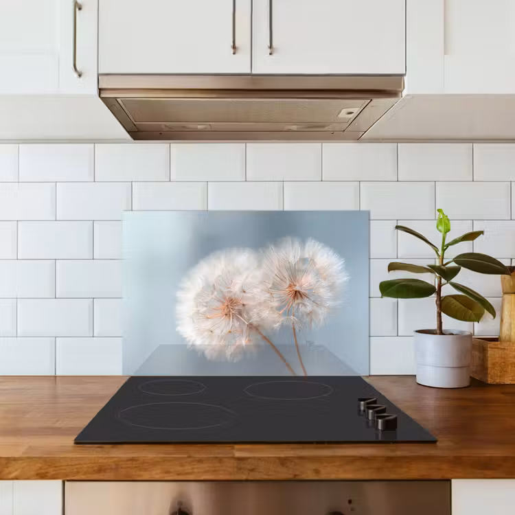 Paardenbloemen - Pluisjes - Wit keuken achterwand spatscherm klein -sfeer2
