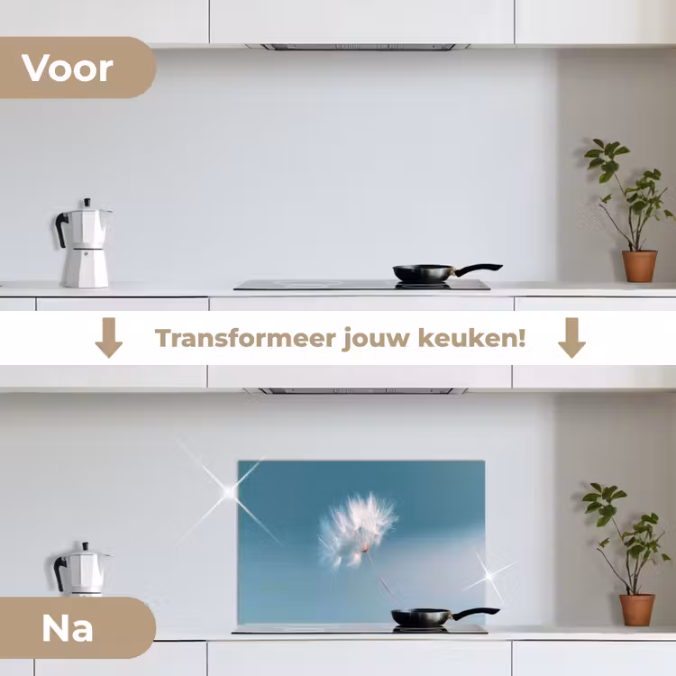 Paardenbloempluisje - Blauw - Lucht keuken achterwand spatscherm klein -voor_na_NL
