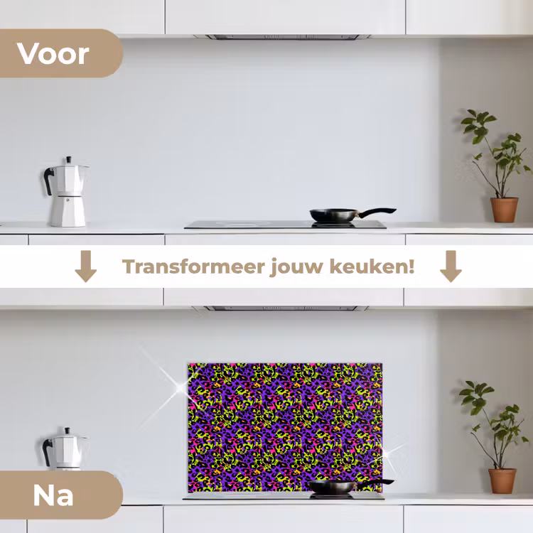 Paars - Neon - Dieren - Panter keuken achterwand spatscherm klein 900 -voor_na_NL