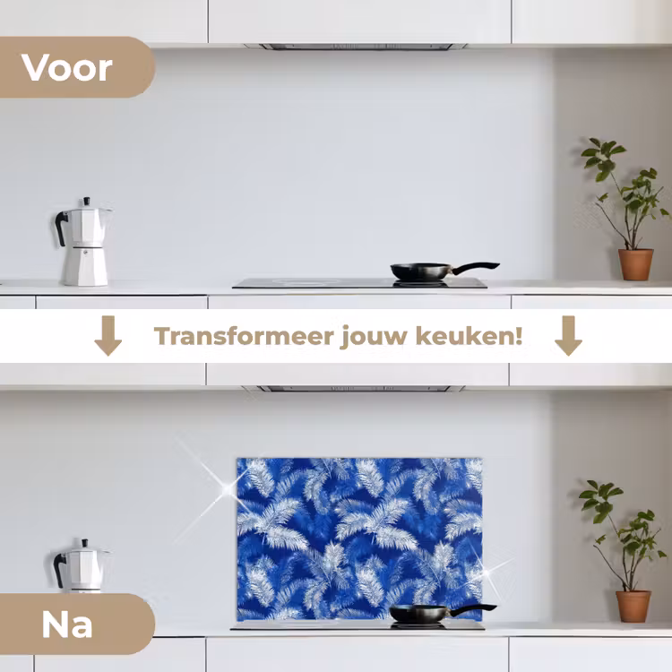 Palmblad - Patroon - Blauw keuken achterwand spatscherm klein 900 -voor_na_NL