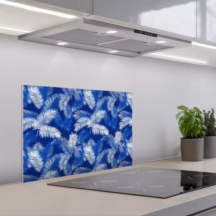 Palmblad - Patroon - Blauw keuken achterwand spatscherm klein 900 -3d_schuin