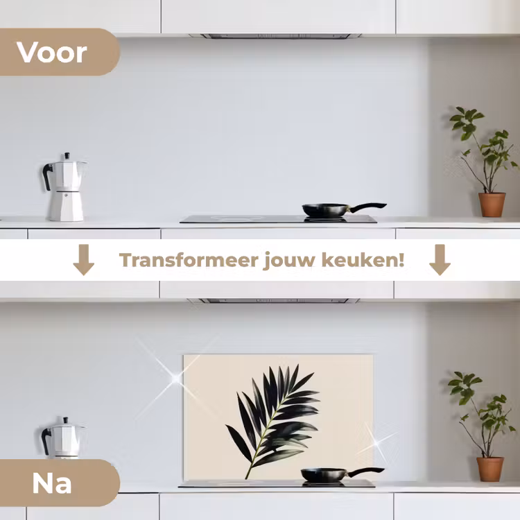 Palmblad - Subtiel - Groen - beige keuken achterwand spatscherm klein -voor_na_NL
