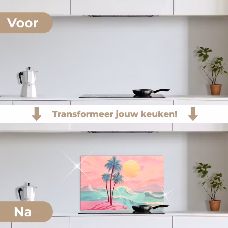 Palmbomen - Golven - Zee keuken achterwand spatscherm klein -voor_na_NL