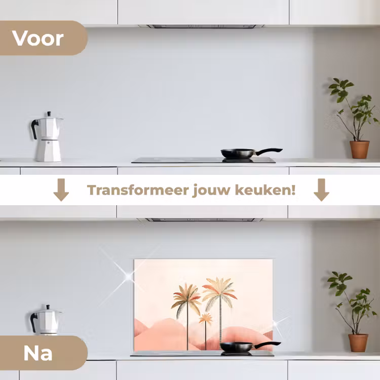 Palmbomen - Heuvels - Minimalistisch - Zachtroze keuken achterwand spatscherm klein -voor_na_NL