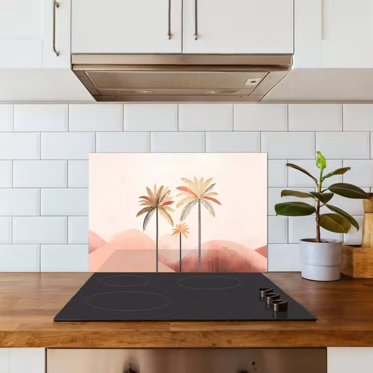 Palmbomen - Heuvels - Minimalistisch - Zachtroze keuken achterwand spatscherm klein -sfeer2
