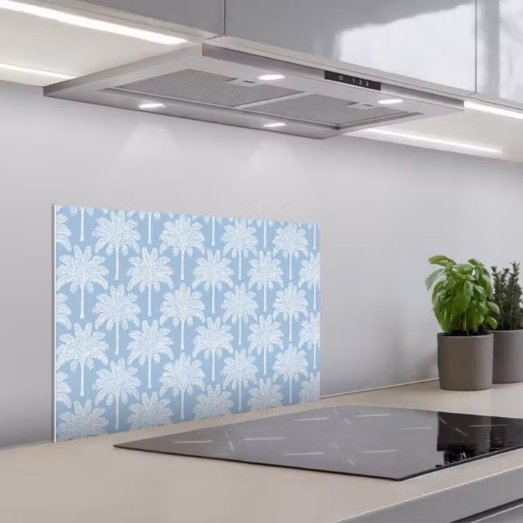 Palmboom - Modern - Blauw keuken achterwand spatscherm klein 900 -3d_schuin