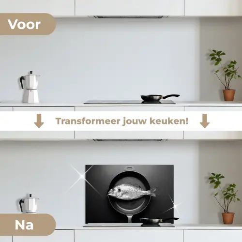 Pan - Vis - Zwart - Wit keuken achterwand spatscherm klein -voor_na_NL