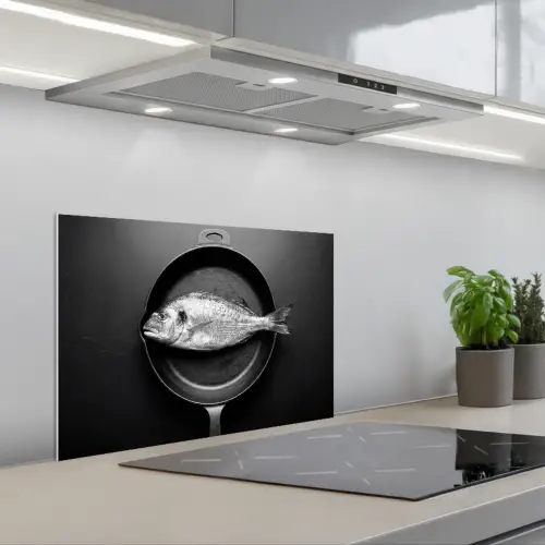 Pan - Vis - Zwart - Wit keuken achterwand spatscherm klein -3d_schuin