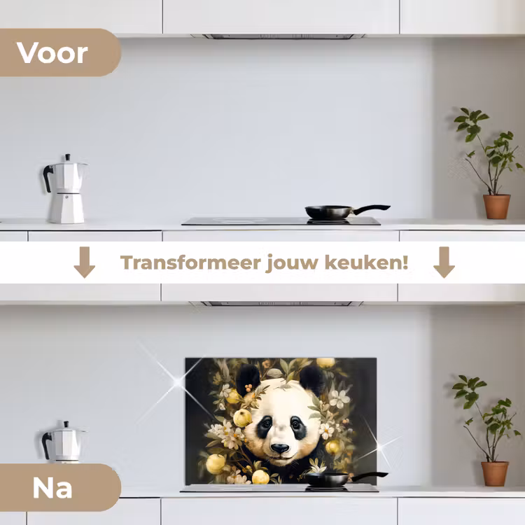 Panda - Pandabeer - Wilde dieren - Natuur - Bloemen keuken achterwand spatscherm klein -voor_na_NL