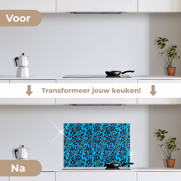 Panter - Blauw - Neon keuken achterwand spatscherm klein 900 -voor_na_NL