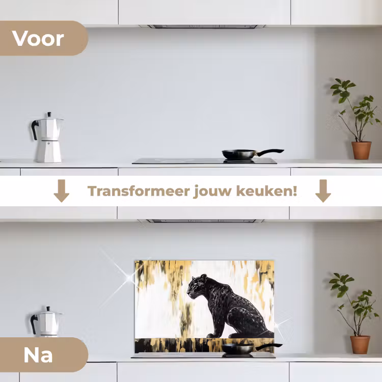Panter - Zwart - Abstract - Goud keuken achterwand spatscherm klein -voor_na_NL