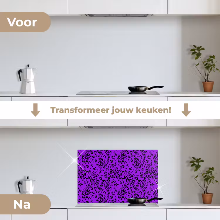 Panterprint - Paars - Patroon keuken achterwand spatscherm klein 900 -voor_na_NL