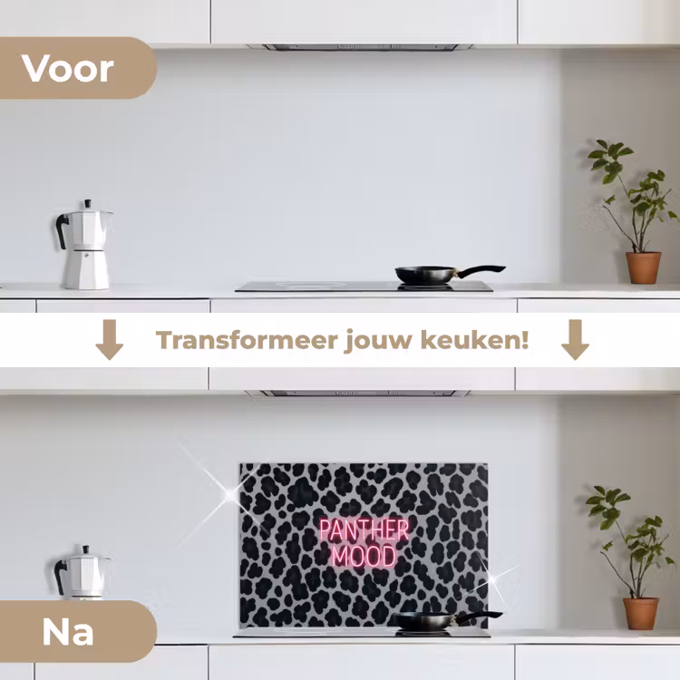 Panterprint - Zwart - Neonletters - Roze keuken achterwand spatscherm klein -voor_na_NL