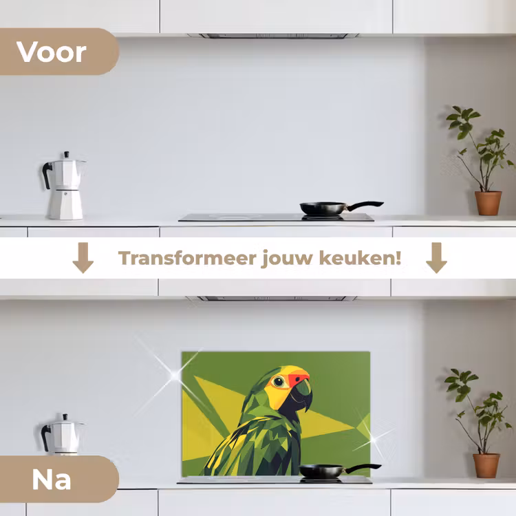 Papegaai - Groen - Snavel - Abstract keuken achterwand spatscherm klein -voor_na_NL