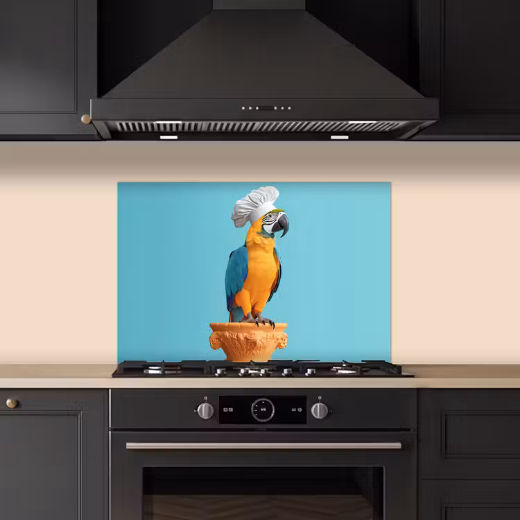 Papegaai - Koksmuts - Grappig - Vogel keuken achterwand spatscherm klein -sfeer1