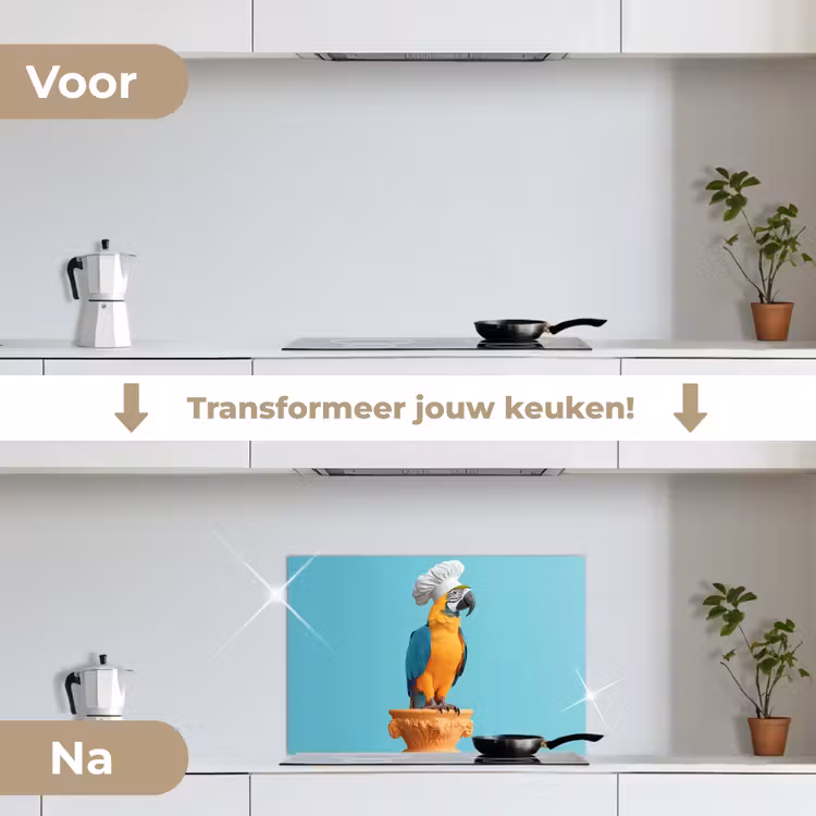Papegaai - Koksmuts - Grappig - Vogel keuken achterwand spatscherm klein -voor_na_NL