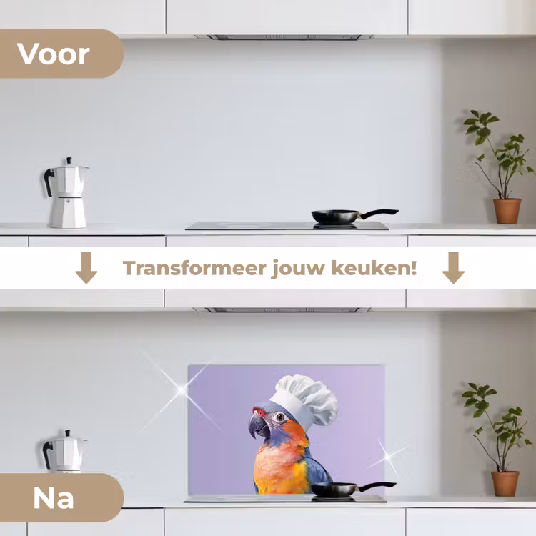Papegaai - Koksmuts - Paars - Cute keuken achterwand spatscherm klein -voor_na_NL