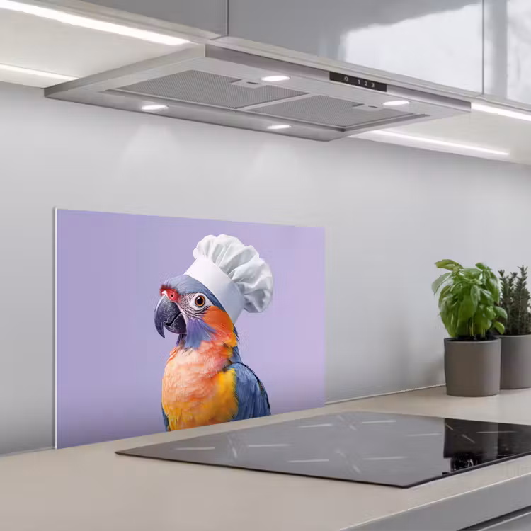 Papegaai - Koksmuts - Paars - Cute keuken achterwand spatscherm klein -3d_schuin