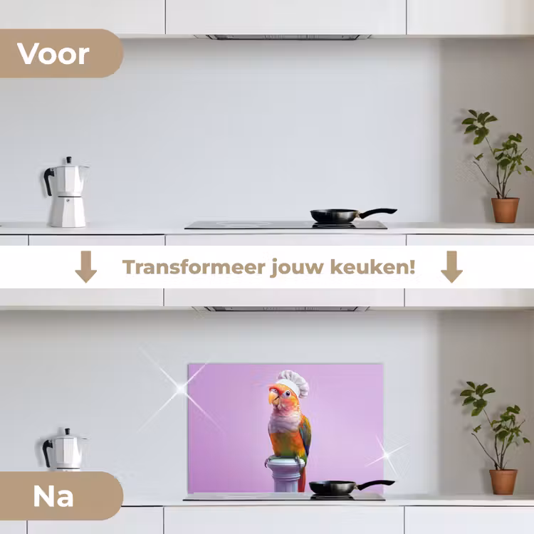 Papegaai - Koksmuts - Pilaar - Vogel keuken achterwand spatscherm klein -voor_na_NL