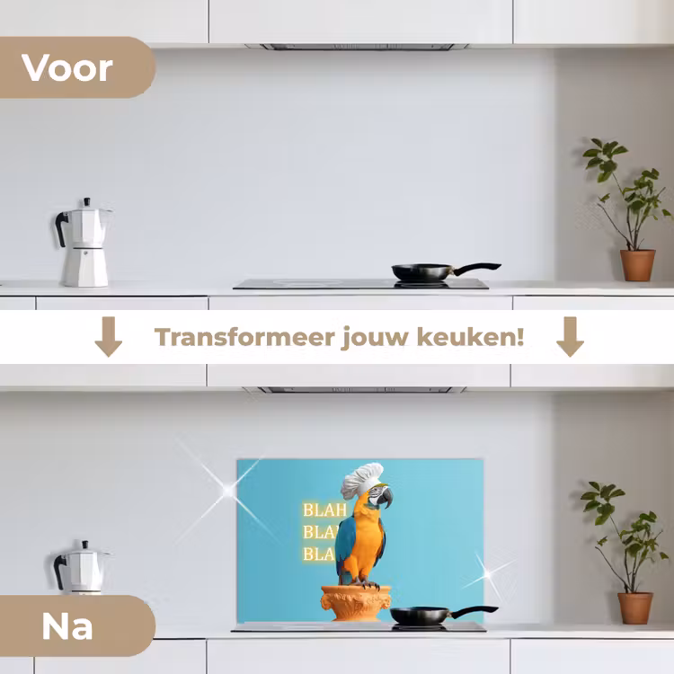 Papegaai - Koksmuts - Quote - Neon keuken achterwand spatscherm klein -voor_na_NL