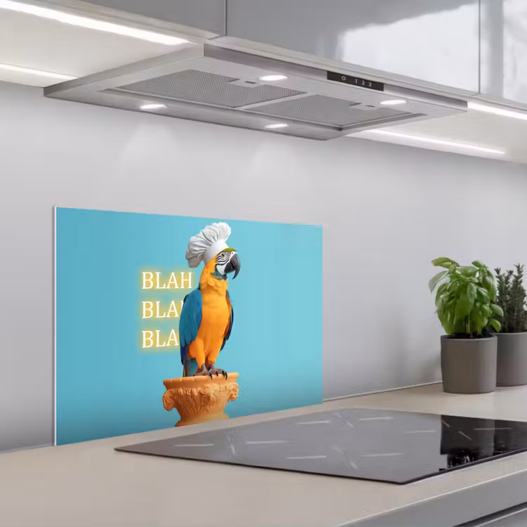 Papegaai - Koksmuts - Quote - Neon keuken achterwand spatscherm klein -3d_schuin